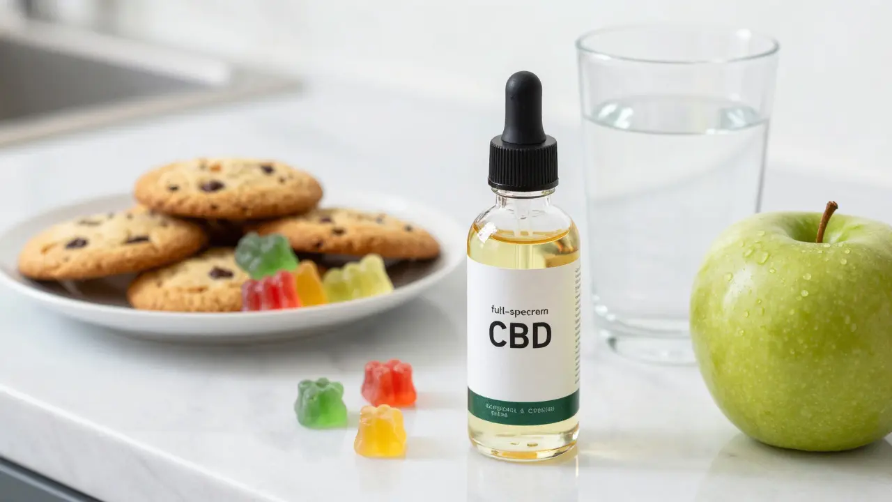 Vergleich zwischen zuckerhaltigen CBD-Süßigkeiten und reinem CBD-Öl mit einem Apfel.