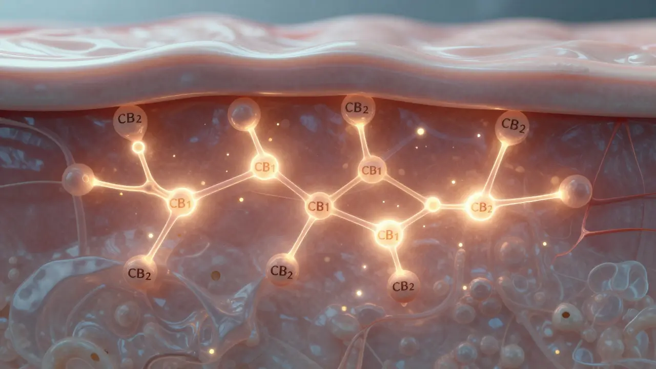 Abstract view of CBD binding to skin cannabinoid receptors