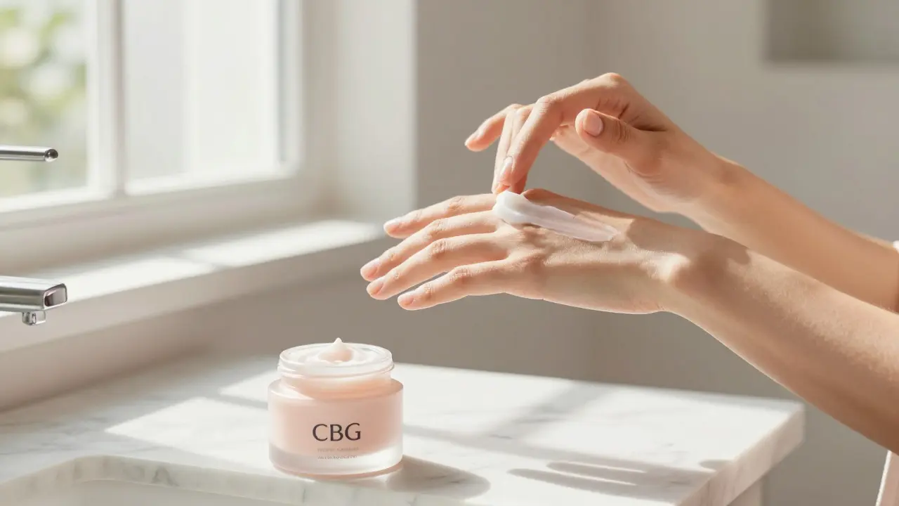 Frau trägt Creme mit CBG-Anteil auf die Haut auf