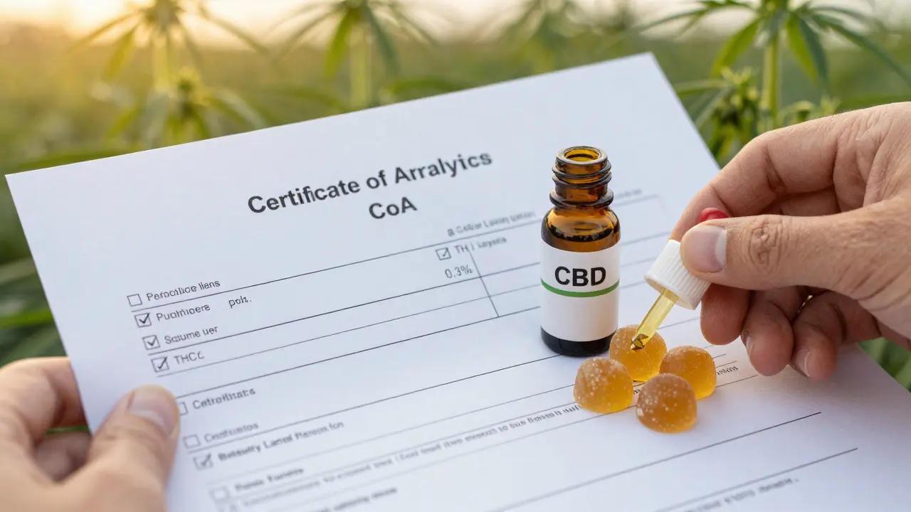 Hand hält Labortestbericht neben hochwertigen CBD-Produkten