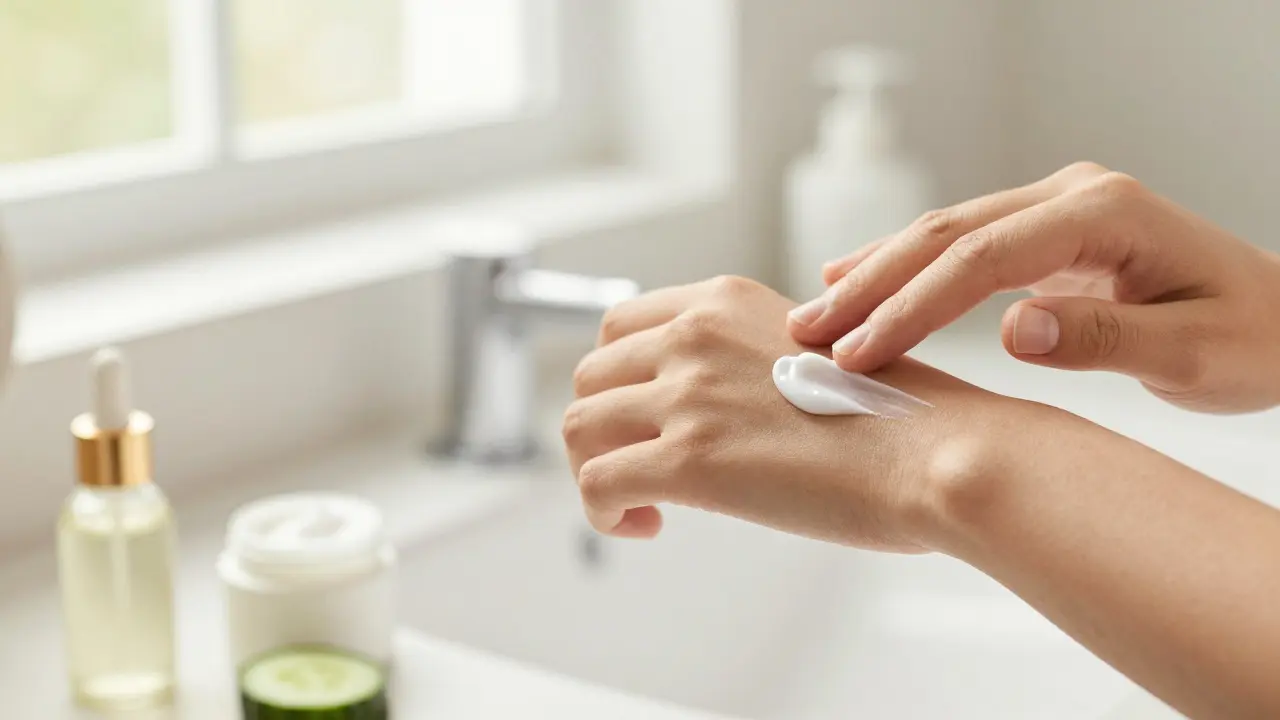 Hand trägt pflegendes CBD-Creme-Gel auf die Haut auf
