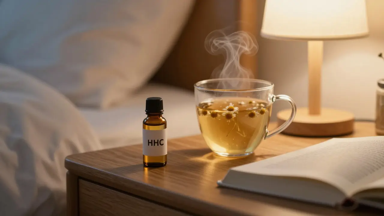 HHC-Ölflasche und Tee auf dem Nachttisch zur Entspannung