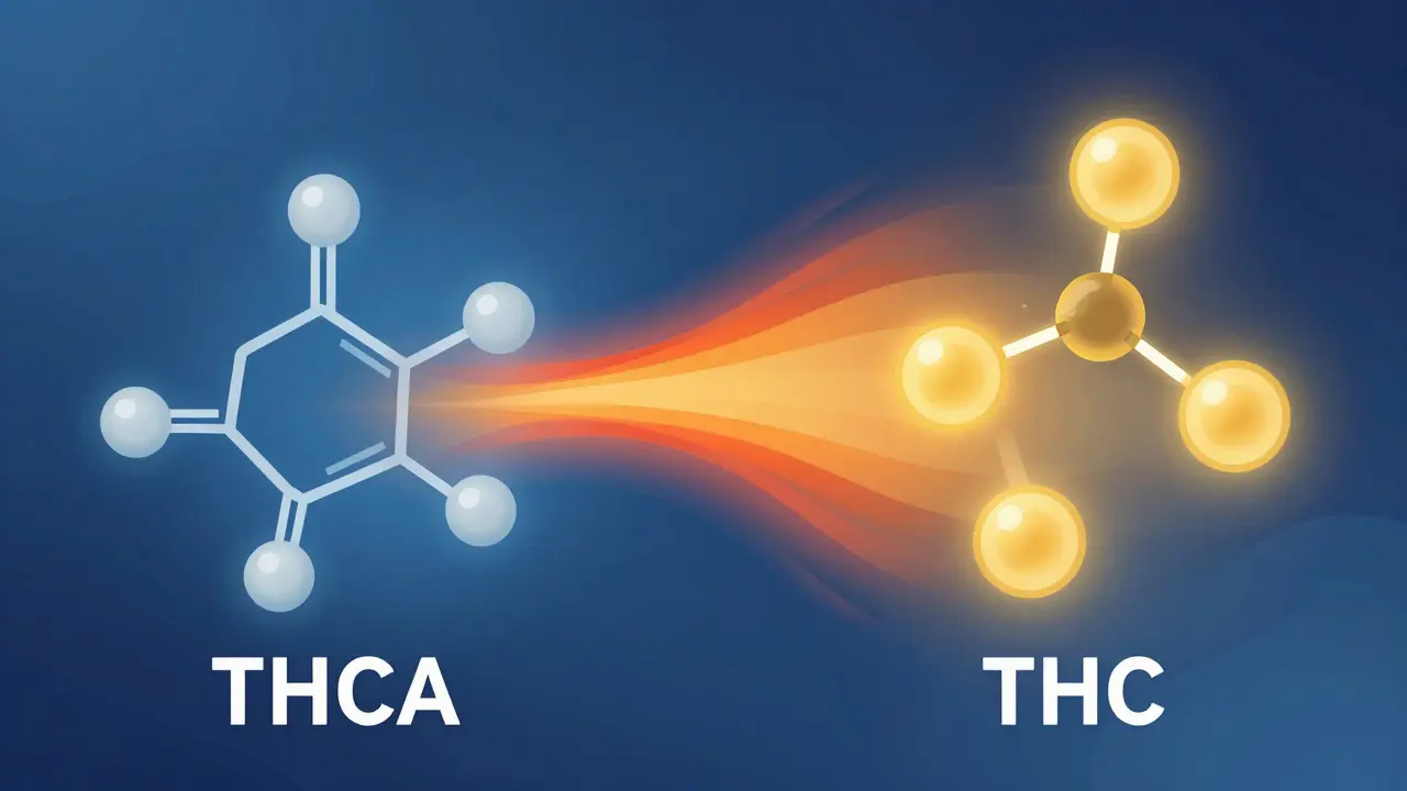 Illustration der chemischen Umwandlung von THCA zu THC durch Hitze