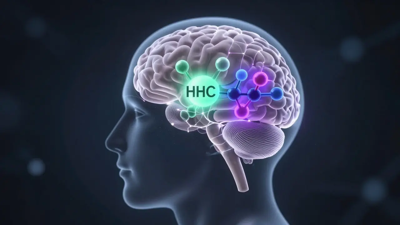 Illustration der HHC-Wirkung auf das Gehirn und Rezeptoren