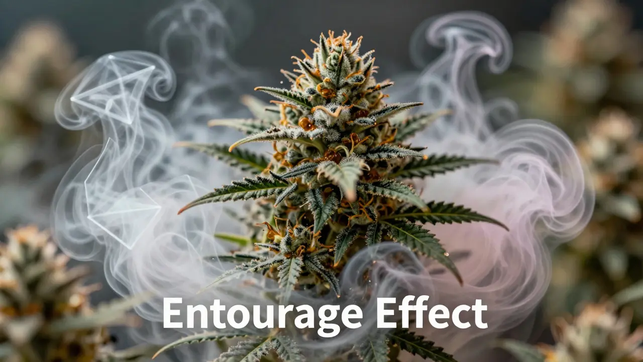 Kannabisblüte mit ätherischen Ölen, die den Entourage-Effekt symbolisieren
