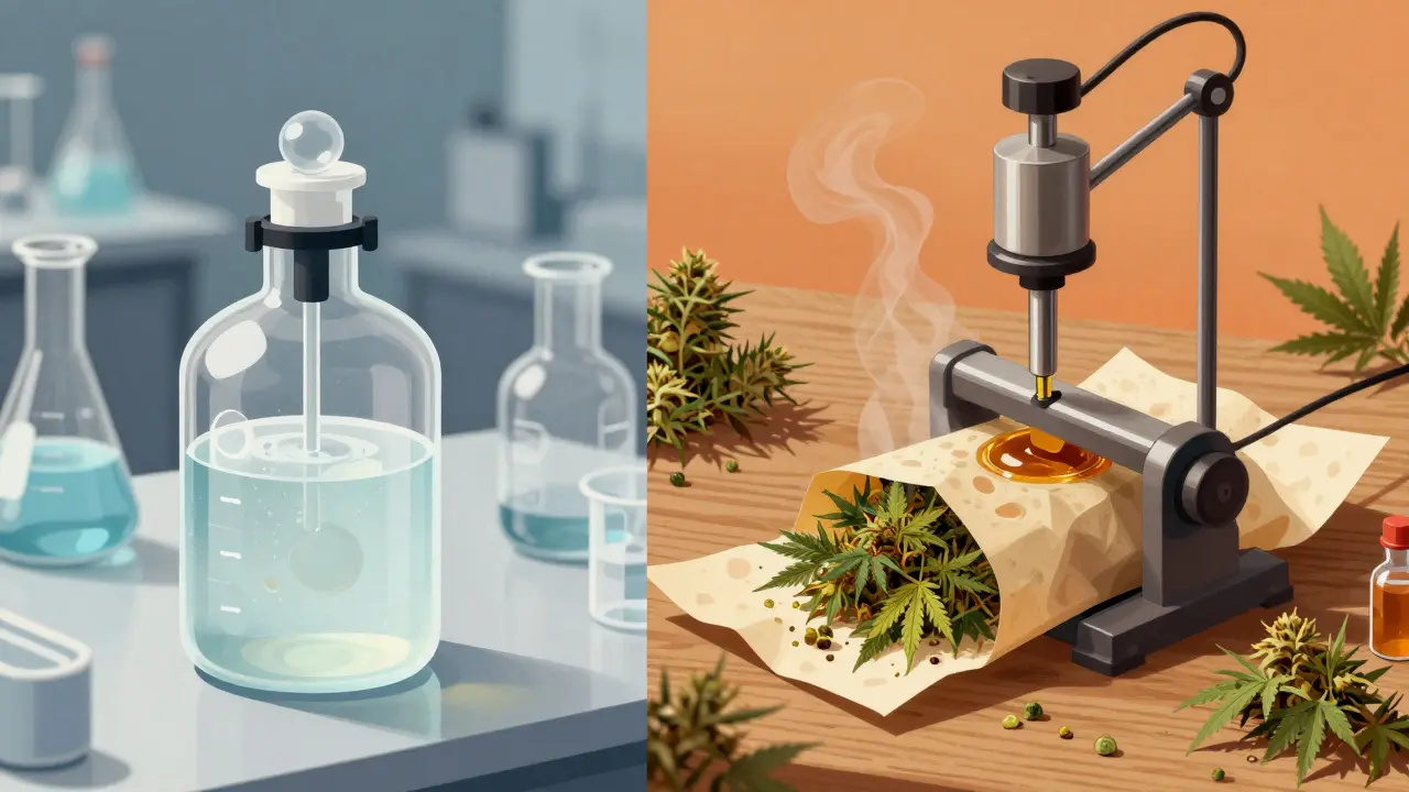 Konzeptbild: Chemische Extraktion links vs. mechanische Pressung rechts