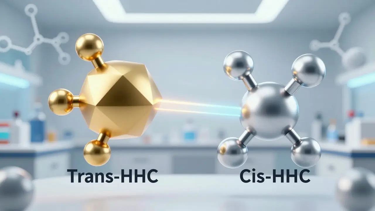 Konzeptionelle Darstellung der Trans- und Cis-HHC-Molekülstrukturen im Labor