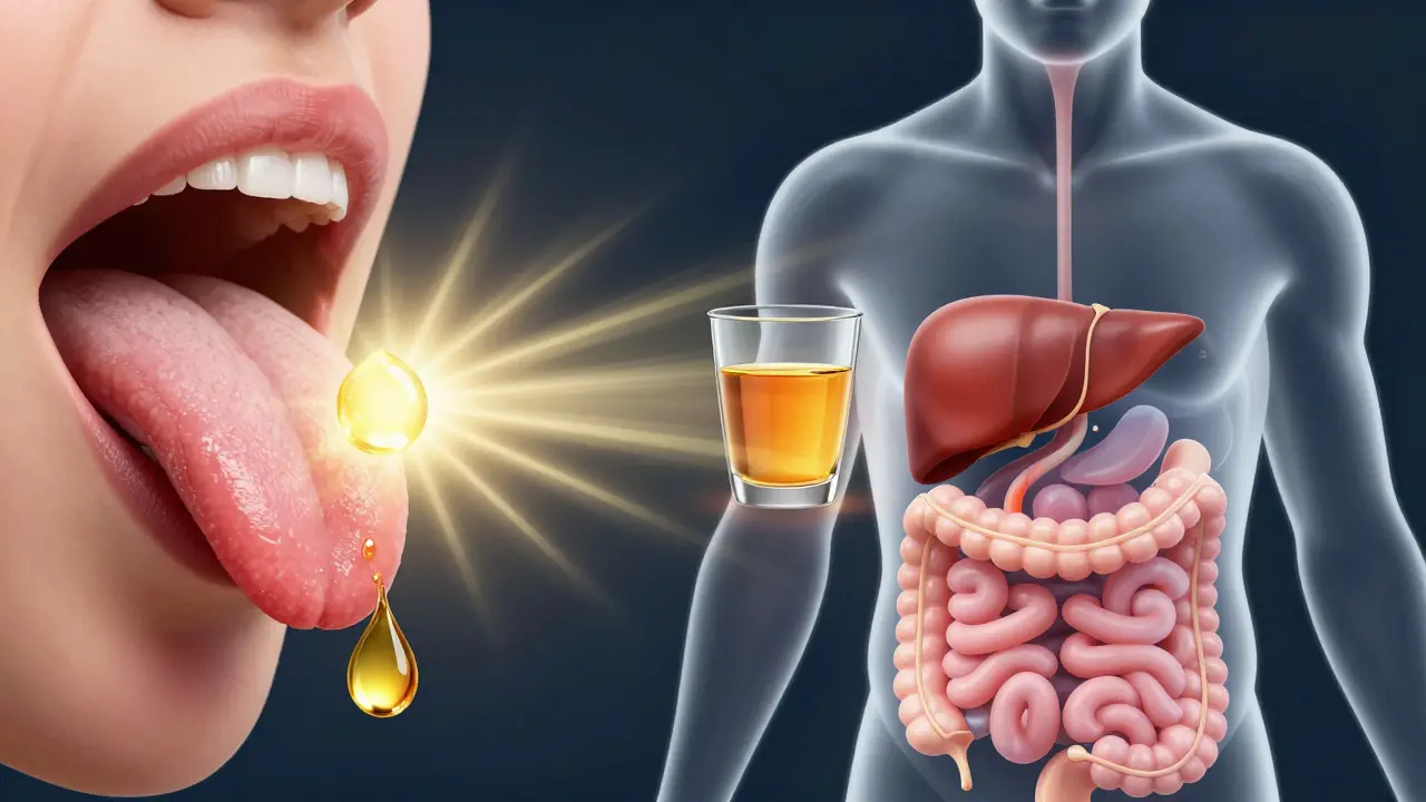 Konzeptionelle Darstellung der unterschiedlichen Aufnahme von CBD-Öl und Getränken