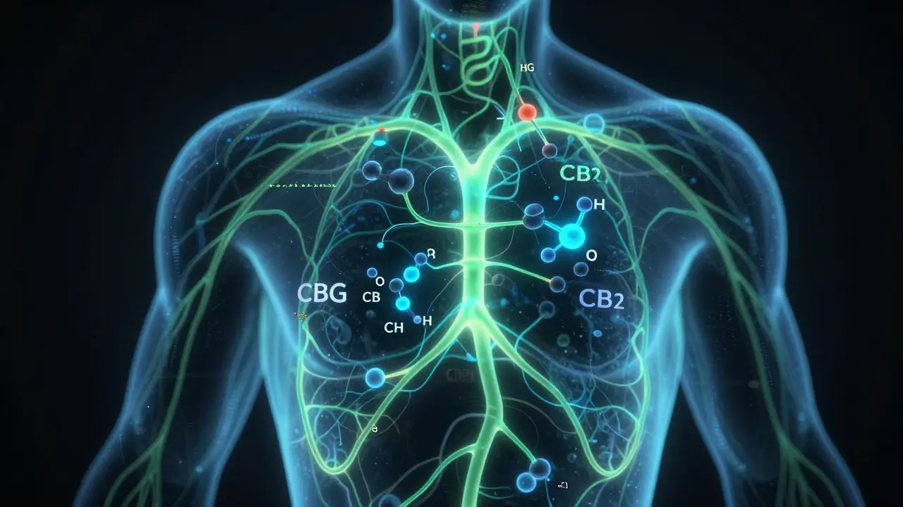 Konzeptkunst: CBG-Moleküle binden an Endocannabinoid-Rezeptoren im Nervensystem