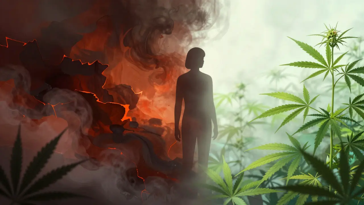 Konzeptkunst: Übergang von rauchiger Nikotin-Atmosphäre zu ruhiger CBD-Umgebung