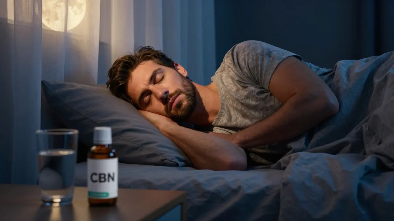 Mann schläft ruhig im dunklen Schlafzimmer mit CBN-Fläschchen