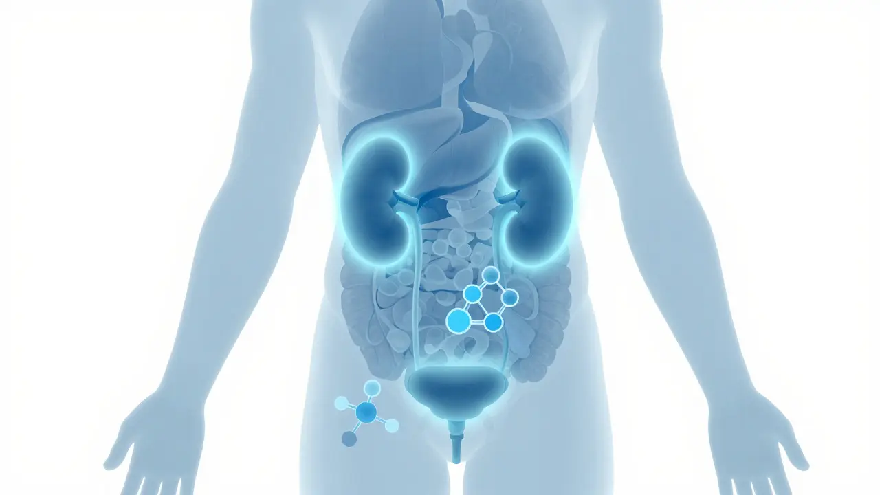 Medizinische Illustration von Blase und Nieren mit CBD-Molekülen