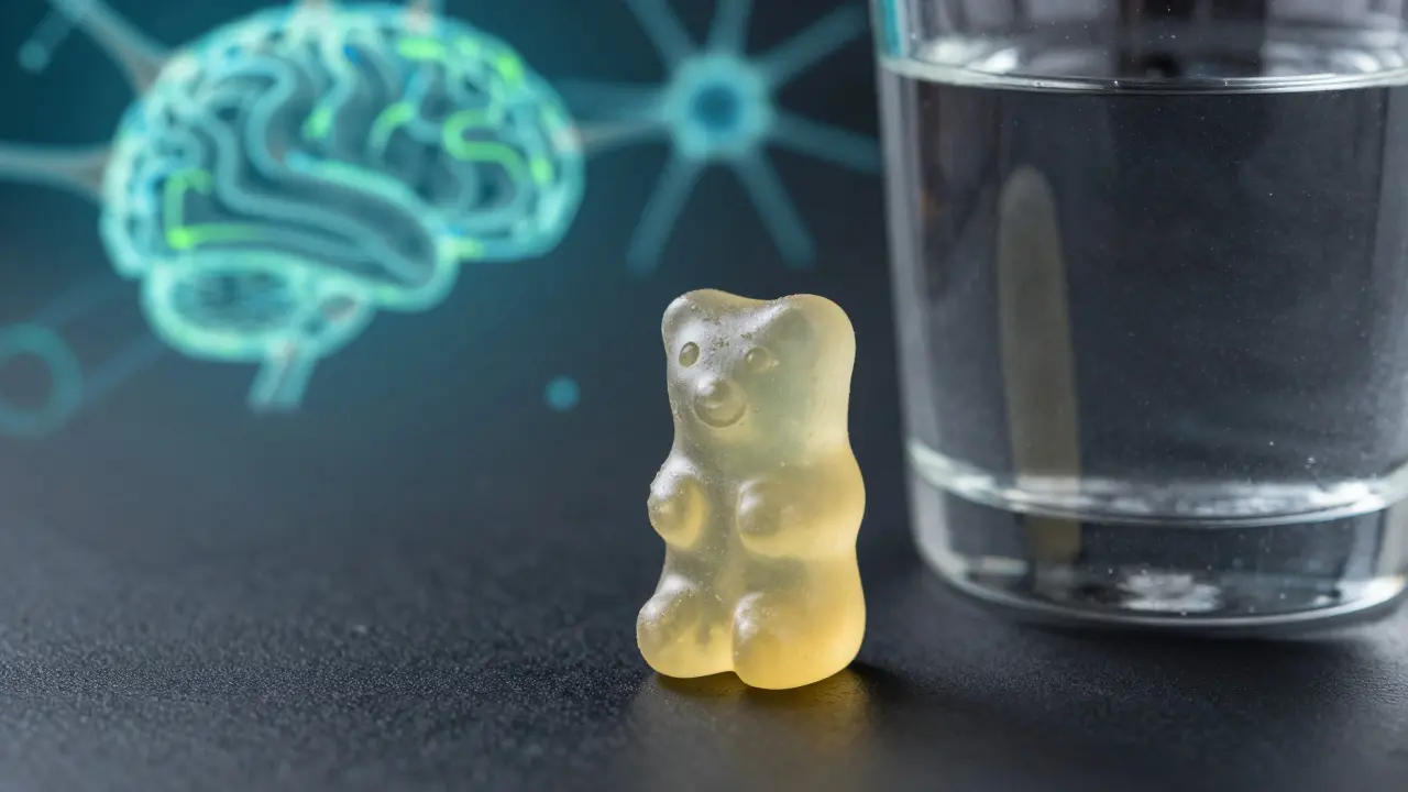 Nahaufnahme eines CBD-Gummibärchens mit abstrakter Darstellung des Gehirns im Hintergrund