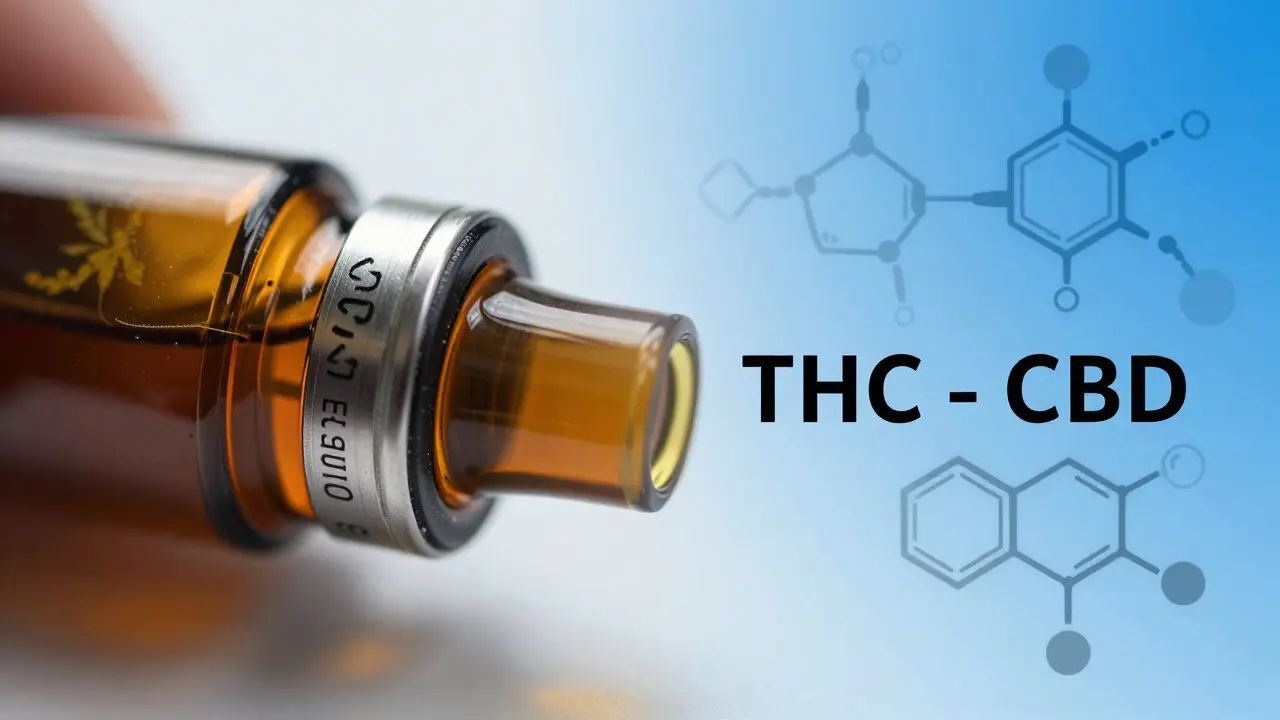 Nahaufnahme von CBD-Kartusche und chemischen Molekülstrukturen