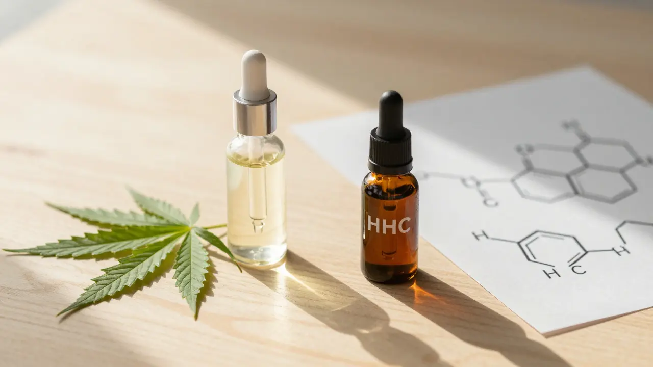 Nahaufnahme von CBD-Öl und HHC-Vial auf einem Holztisch