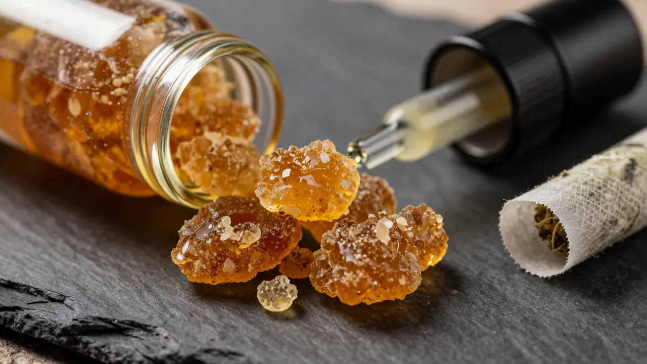Nahaufnahme von hochwertigem CBD-Hash auf dunklem Stein mit Vaporizer