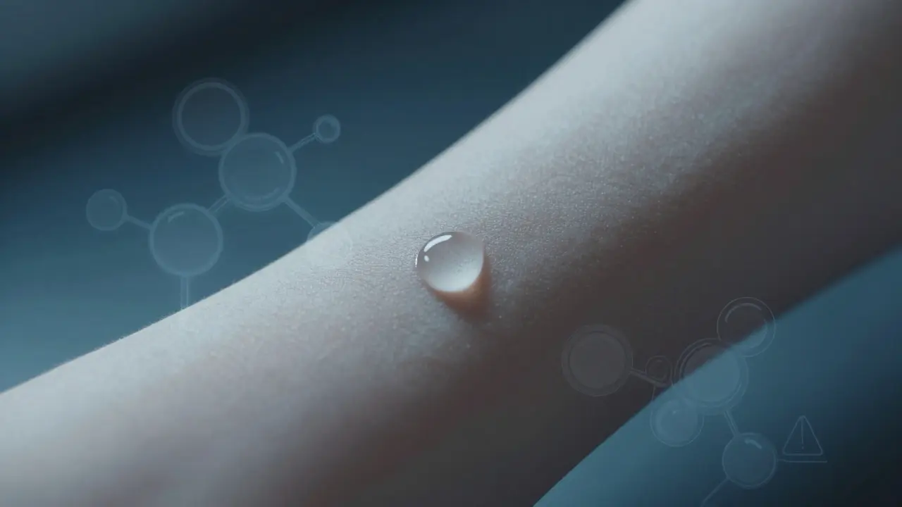 Patch-Test am Unterarm mit einer Tropfenflüssigkeit zur Überprüfung der Verträglichkeit.