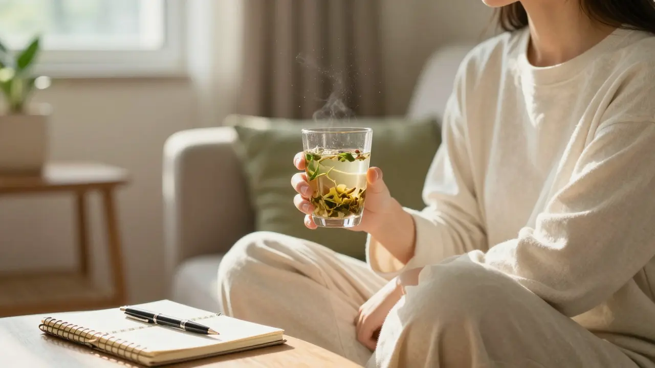 Person genießt entspannt ein CBD-Getränk in einem sonnigen Wohnzimmer