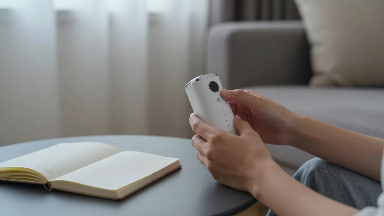 Person hält einen Vaporizer in einer entspannten Wohnatmosphäre mit Notizbuch