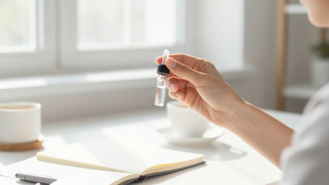 Person mit CBD-Tropfflasche im hellen Homeoffice für Fokus