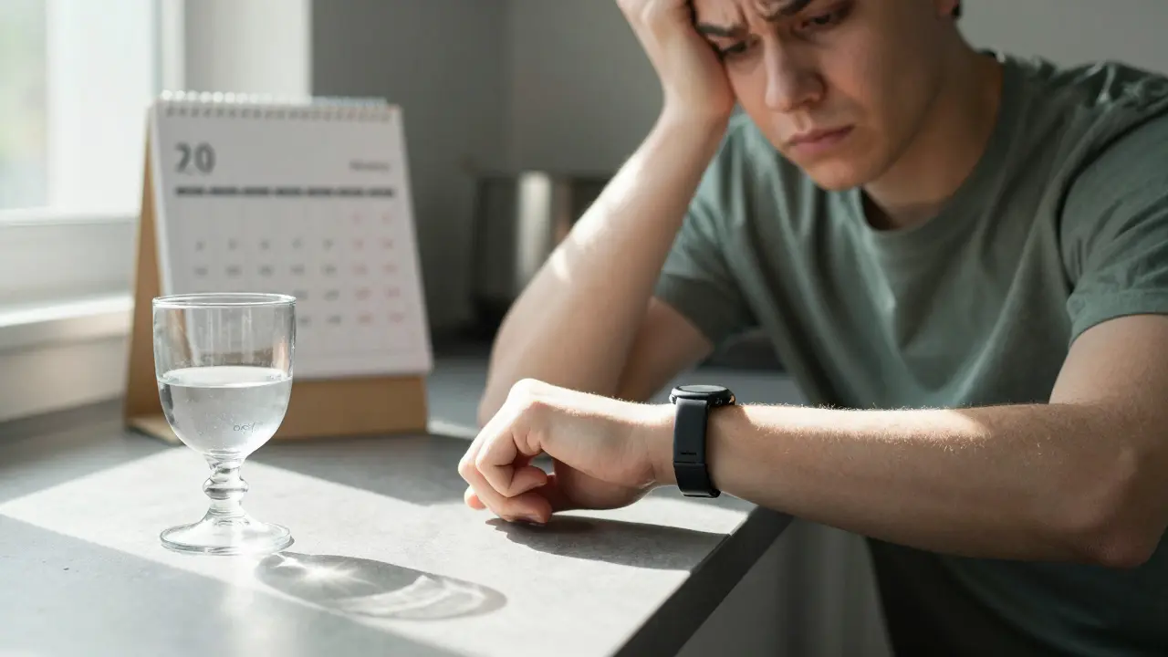 Person schaut ängstlich auf die Uhr neben leerem Absinthglas am Morgen