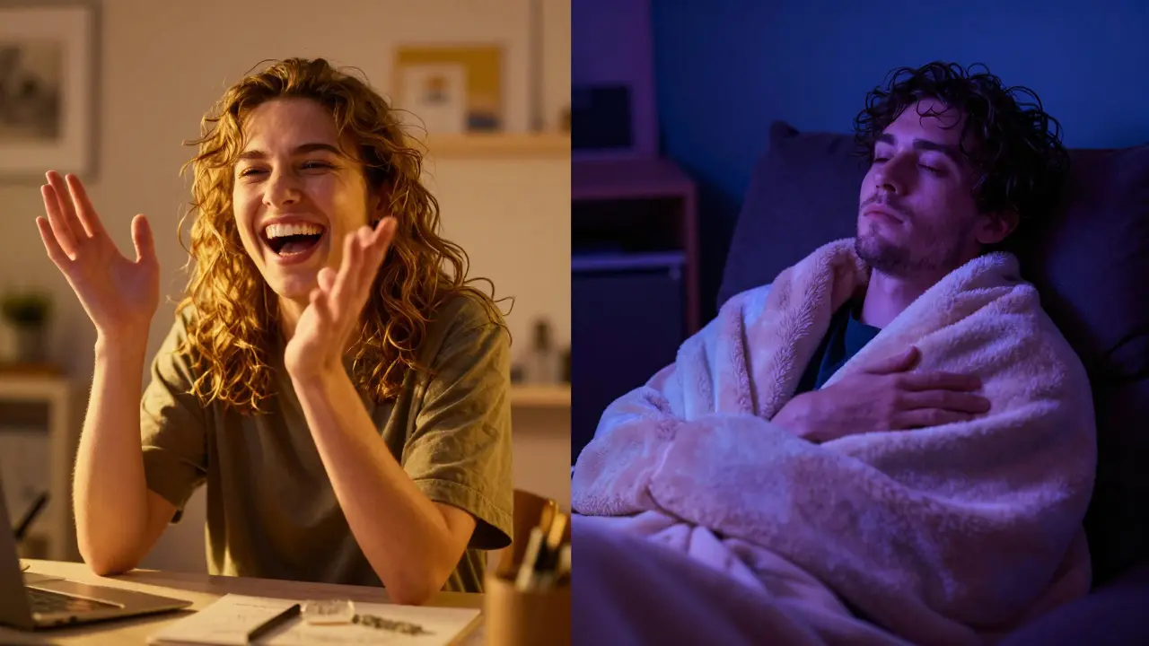 Vergleich der Wirkung: Energetische Kreativität links vs. tiefe Entspannung rechts
