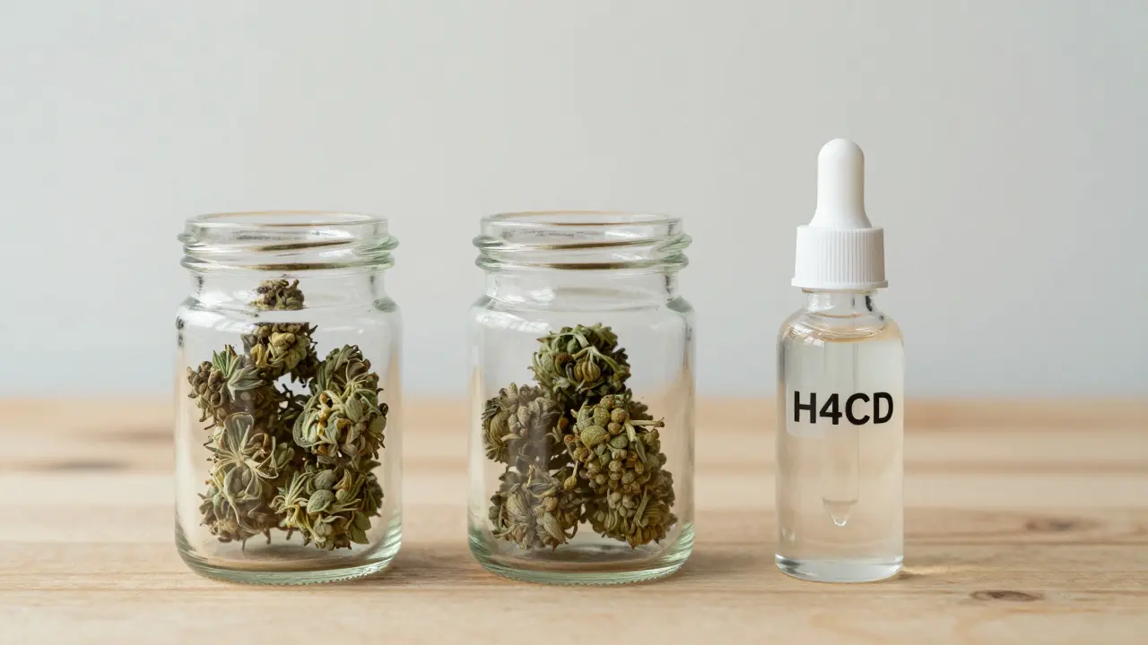 Vergleich verschiedener Cannabinoid-Produkte in Gläsern auf einer Holzoberfläche