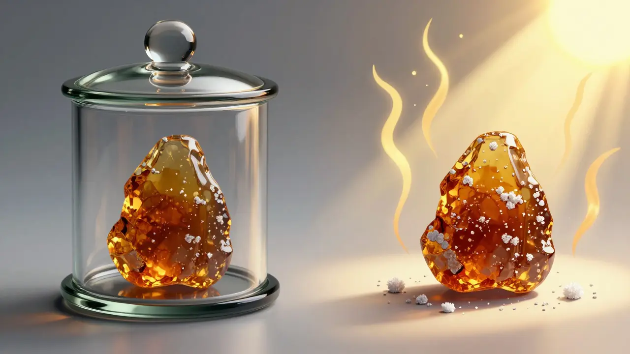 Vergleich von frischem und durch Licht sowie Hitze degradiertem Shatter
