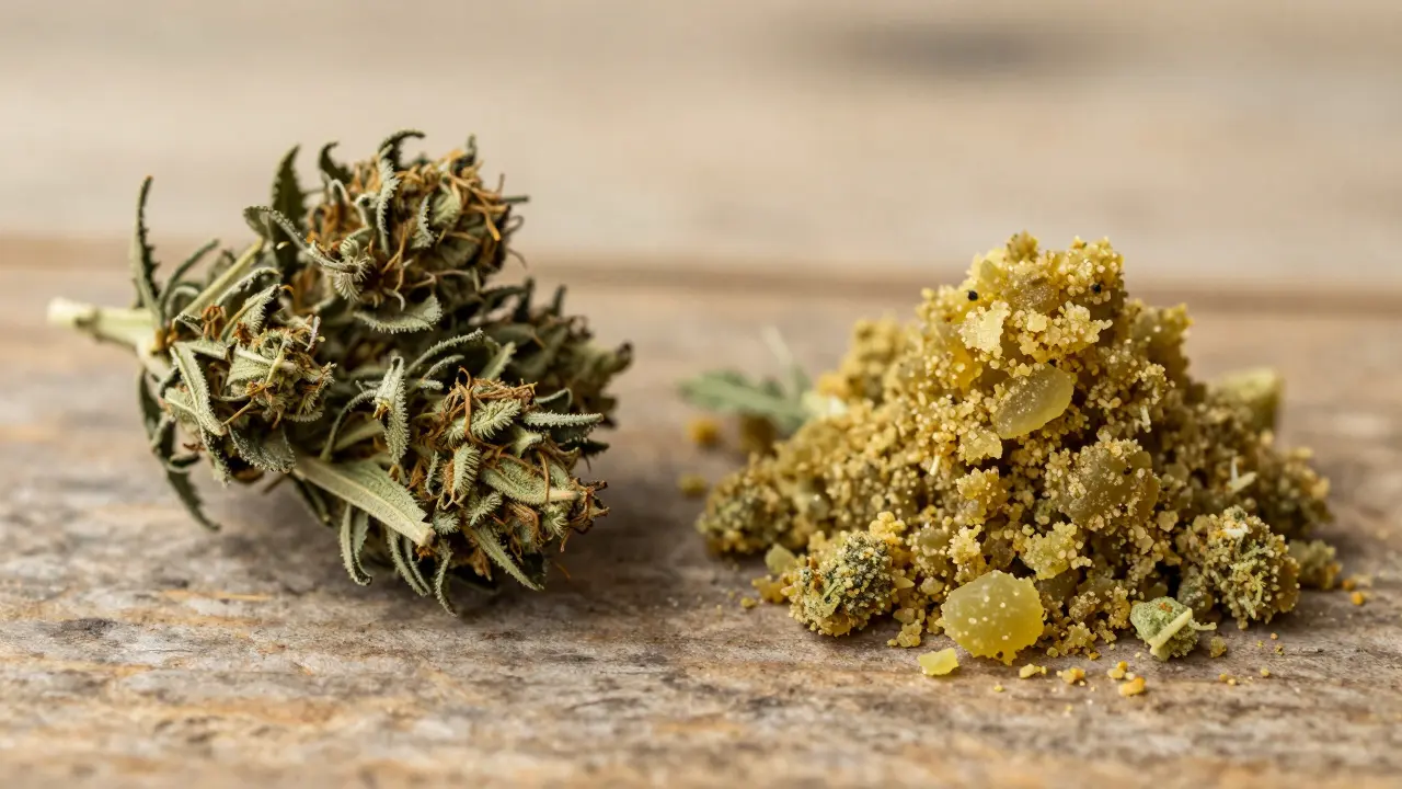 Vergleich von Hanfblüten und CBD-Crumble auf Holz