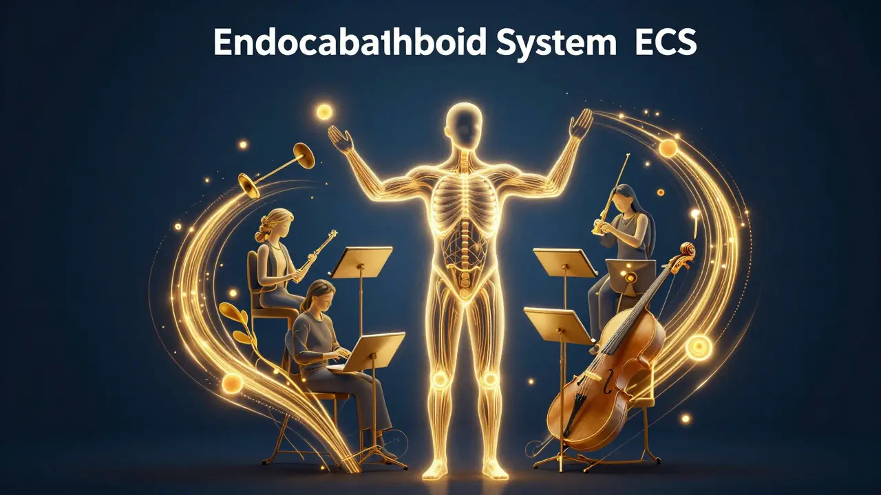 Abstrakte Darstellung des Endocannabinoid-Systems als Orchester