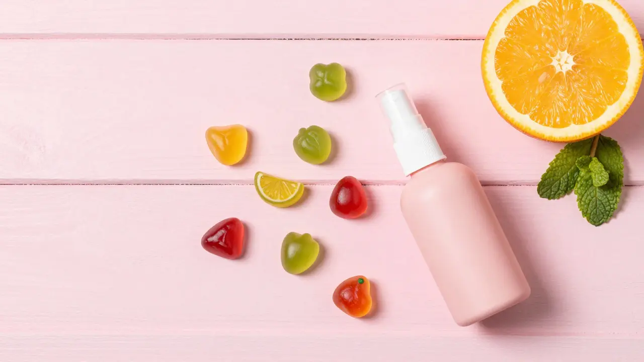 Bunte CBD-Gummis und Sprayflasche auf hellem Tisch