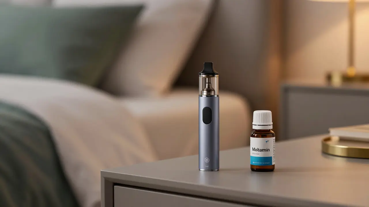 CBD-Vape und Melatonin-Fläschchen auf einem Nachttisch bei sanfter Beleuchtung