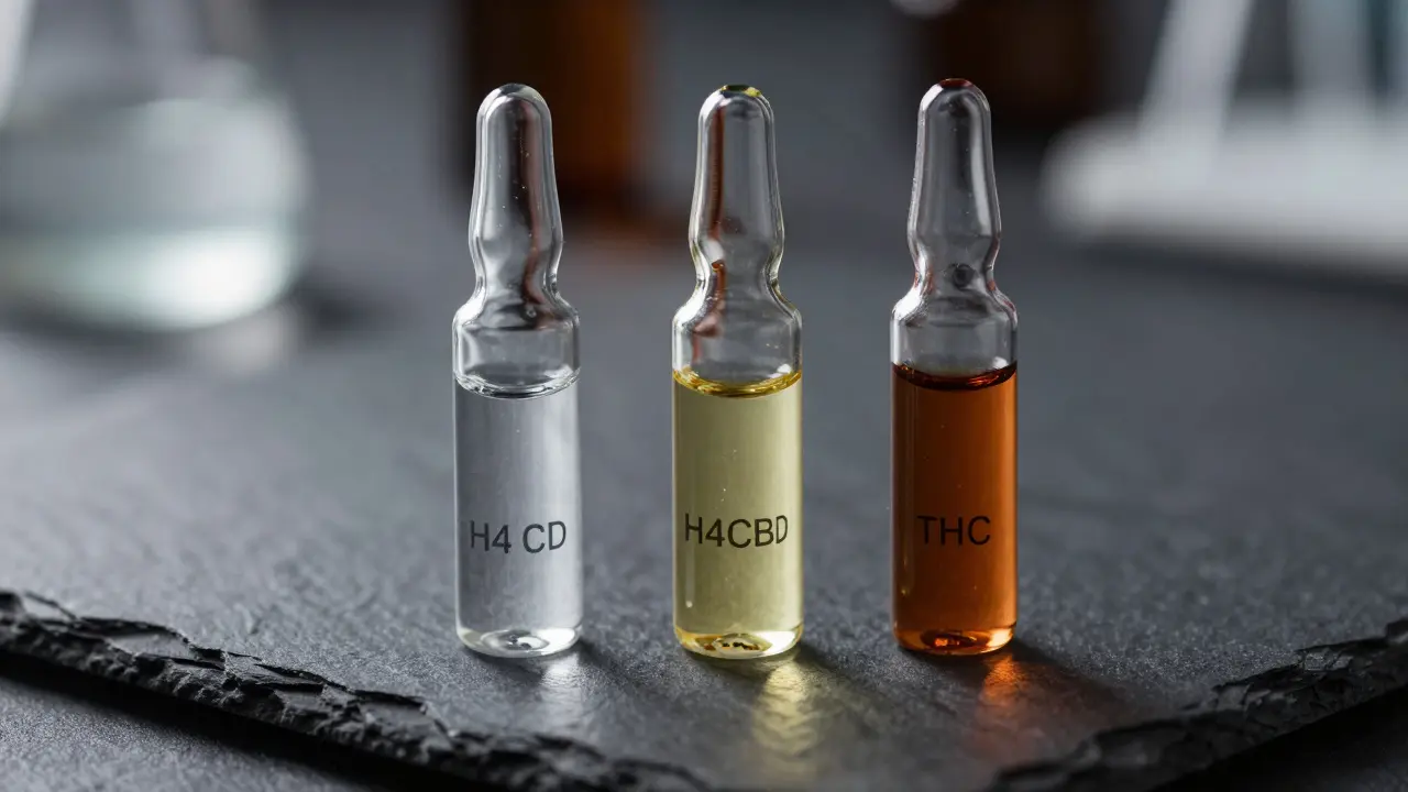 Drei Glasfläschchen mit CBD, H4CBD und THC Öl auf dunklem Untergrund