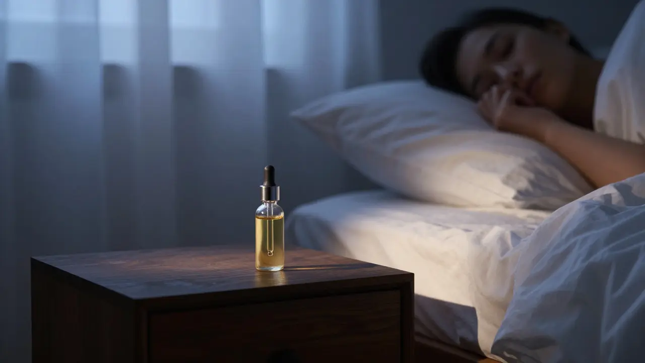 Dropperflasche mit Öl auf einem Nachttisch in einem ruhigen Schlafzimmer