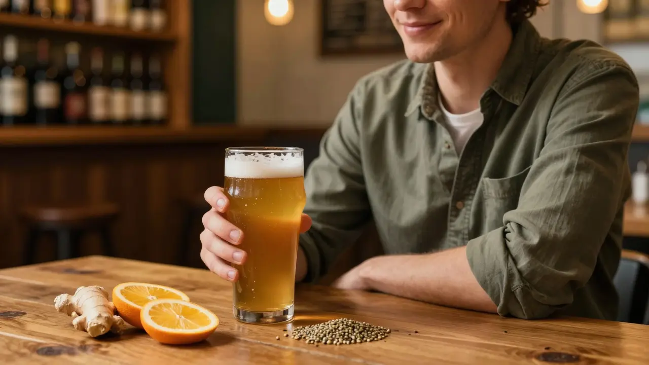 Entspannte Person genießt ein Hanf-CBD-Bier in einer gemütlichen Brauerei-Atmosphäre