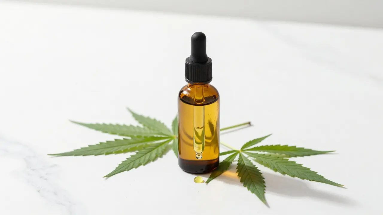 Flasche mit CBD-Öl und Tropfer neben Hanfblättern