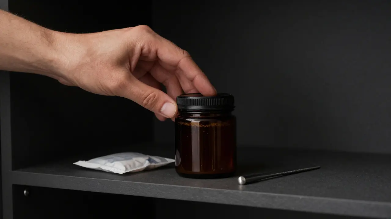 Hand schließt Glasdose mit Crumble neben Trockenmittel auf dunklem Regal