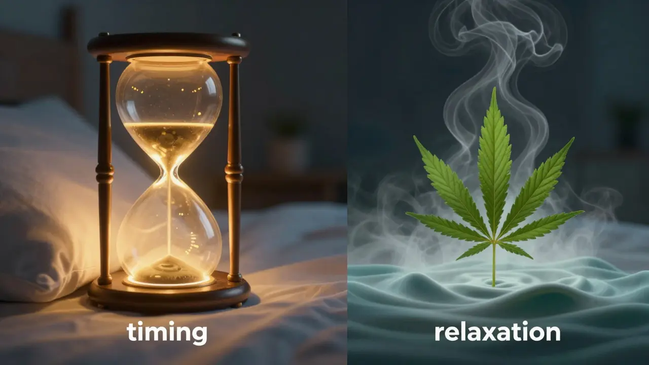 Künstlerische Darstellung von Melatonin als Uhrwerk und CBD als beruhigende Blätter