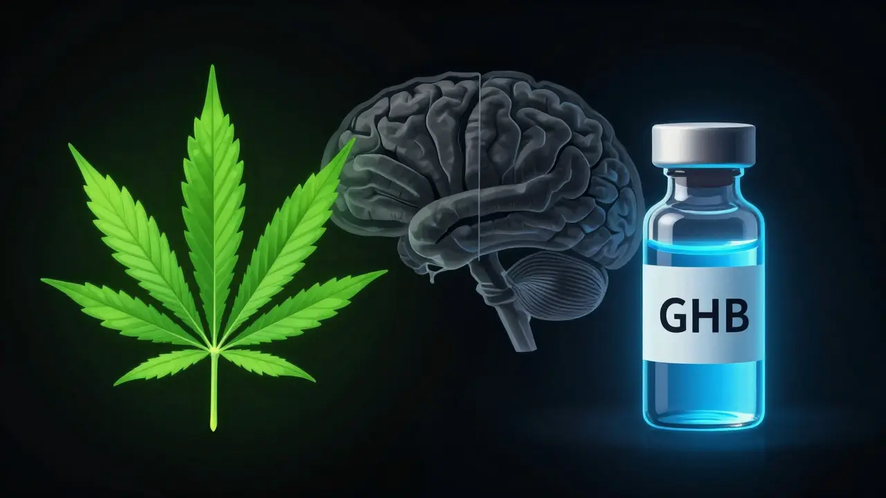 Kunstwerk: Cannabis-Blatt vs. GHB-Fläschchen