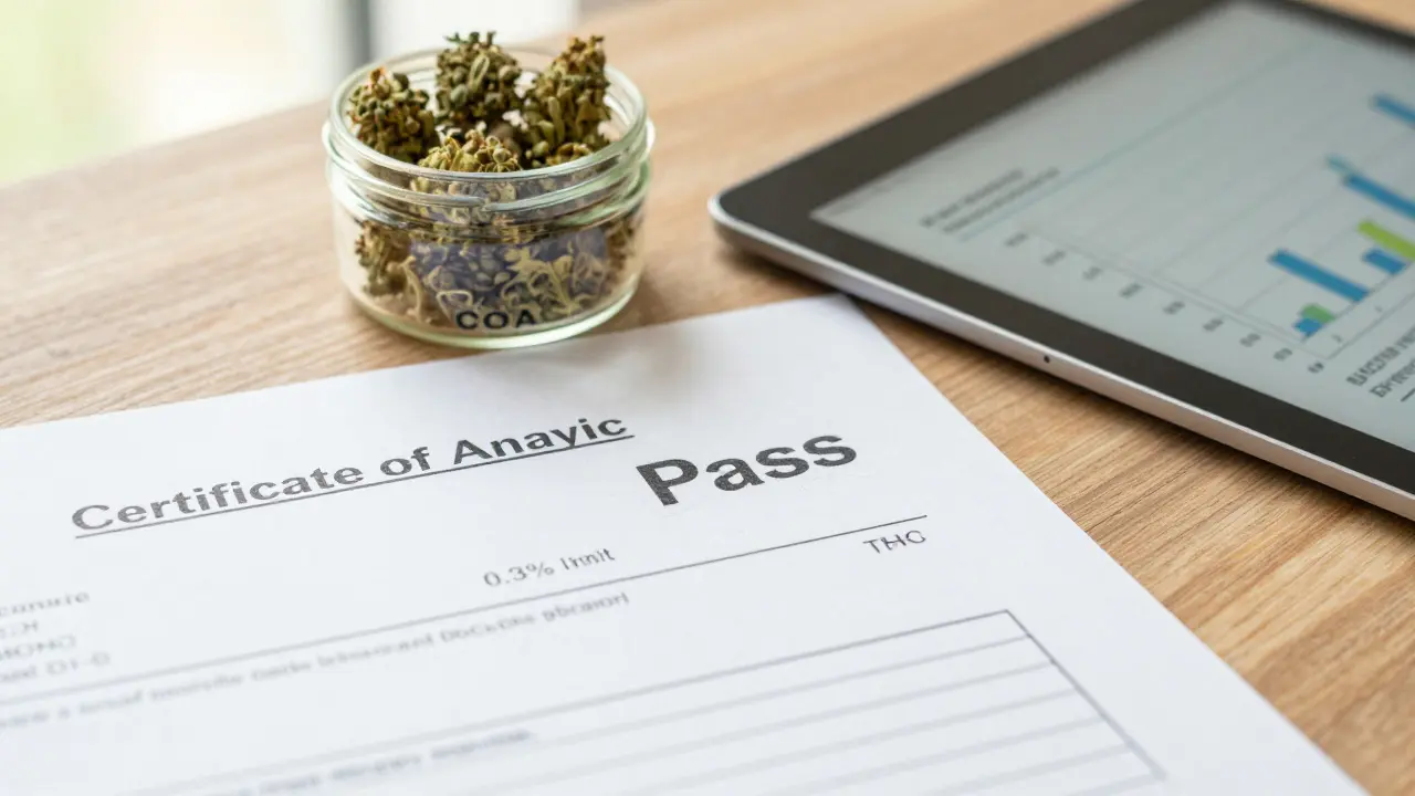Laborzertifikat und CBD-Blüten auf dem Tisch zeigen legale Konformität