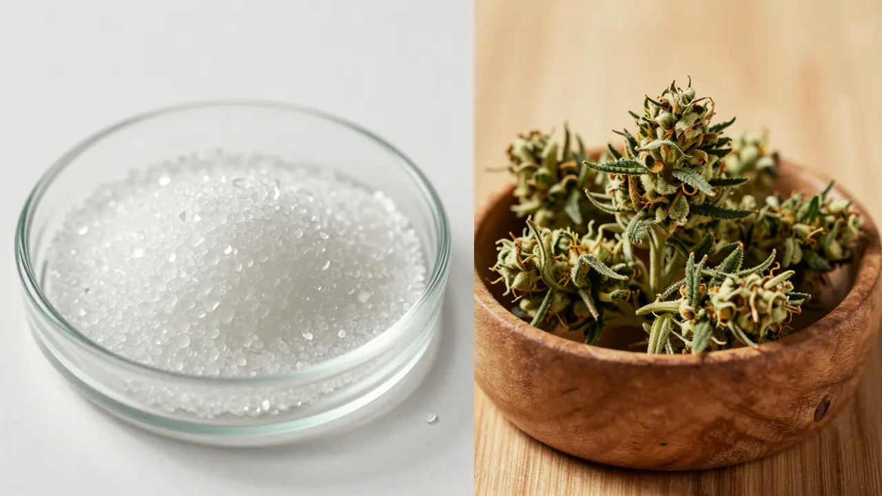 Makro-Vergleich: Reine weiße CBD-Kristalle links und Hanfblüten rechts