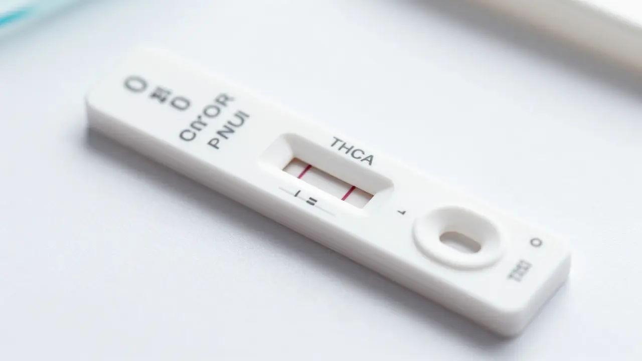 Makroaufnahme eines 10-Felder-Drogentests mit Fokus auf THCA-Feld