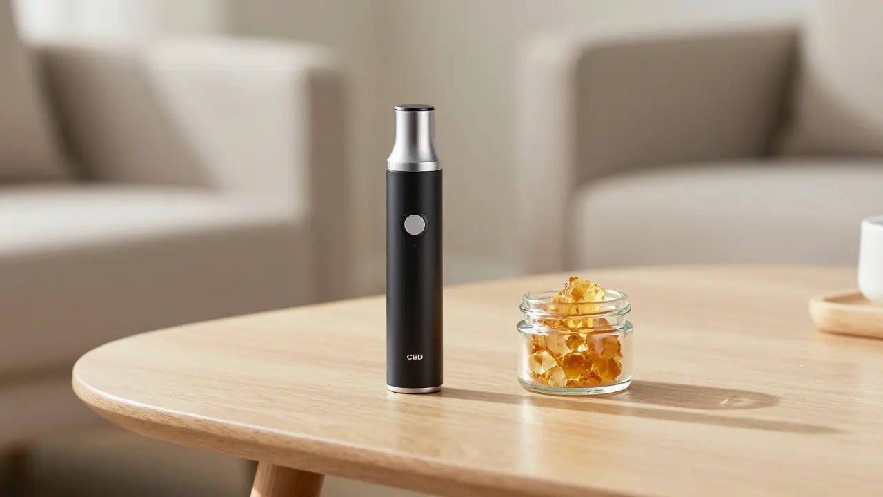 Moderner Konzentrat-Vaporizer neben einem Glas mit CBD-Crumble