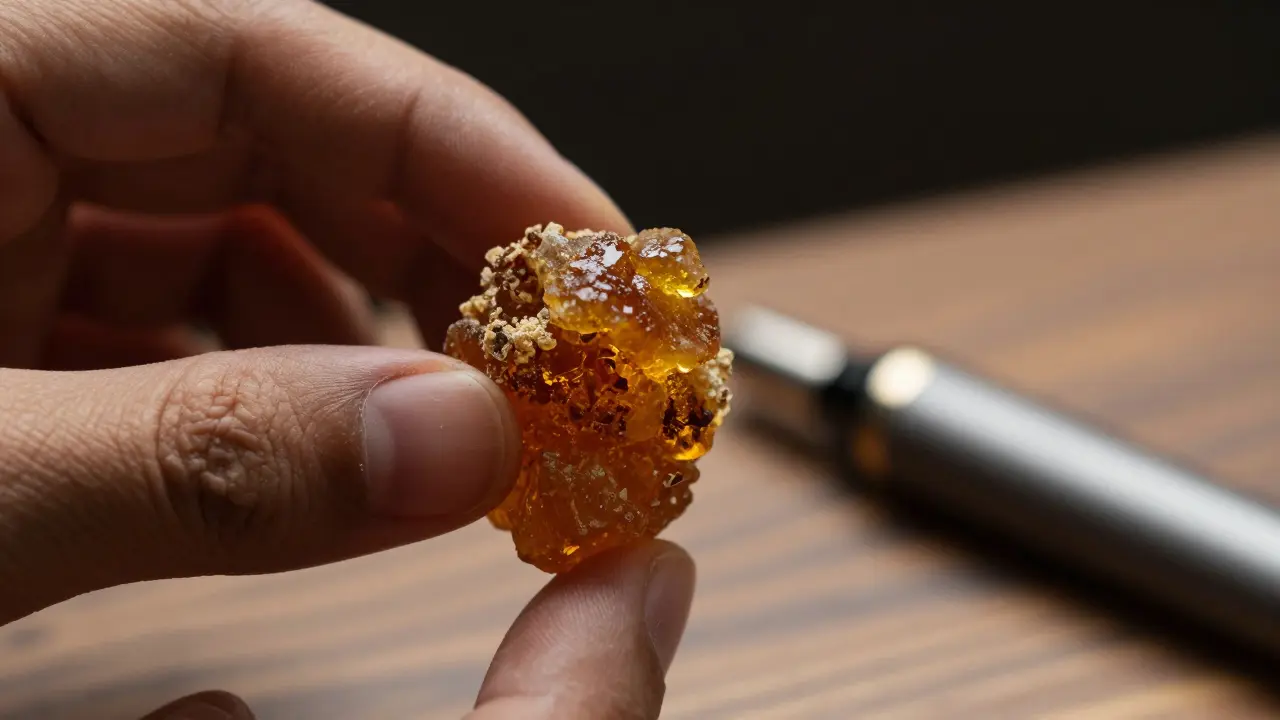 Nahaufnahme von CBD-Crumble-Konzentrat und Vaporizer