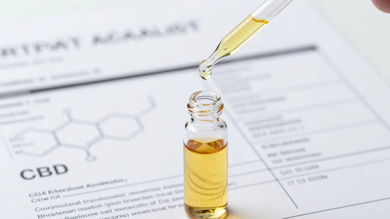 Nahaufnahme von CBD-Öl und Laborzertifikat