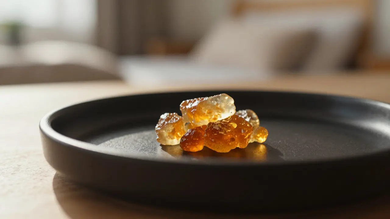 Nahaufnahme von CBD-Shatter auf Vaporizer mit Schlaf-Hintergrund