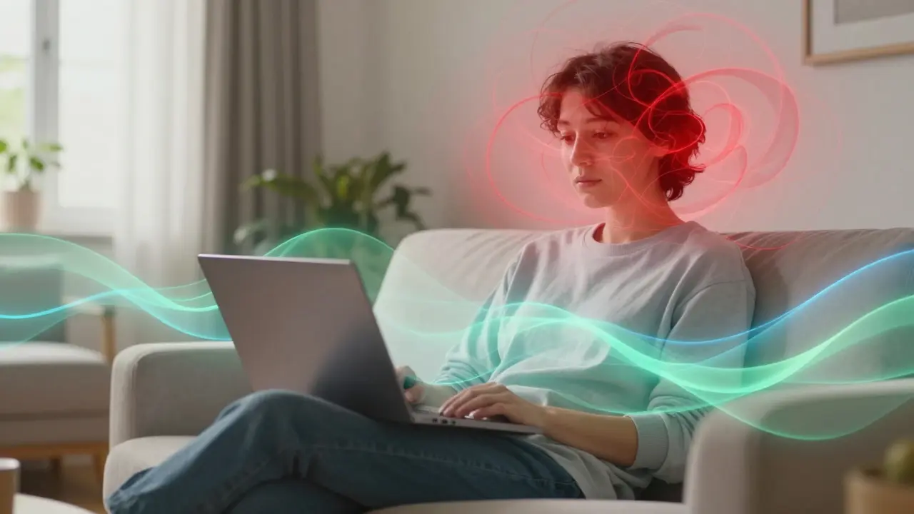 Person im entspannten Wohnzimmer mit Laptop, umgeben von sanften Lichtwellen der Ruhe.