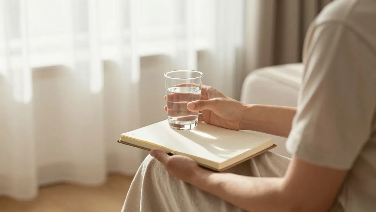 Person mit Glas Wasser und Tagebuch in ruhigem, sonnigem Raum