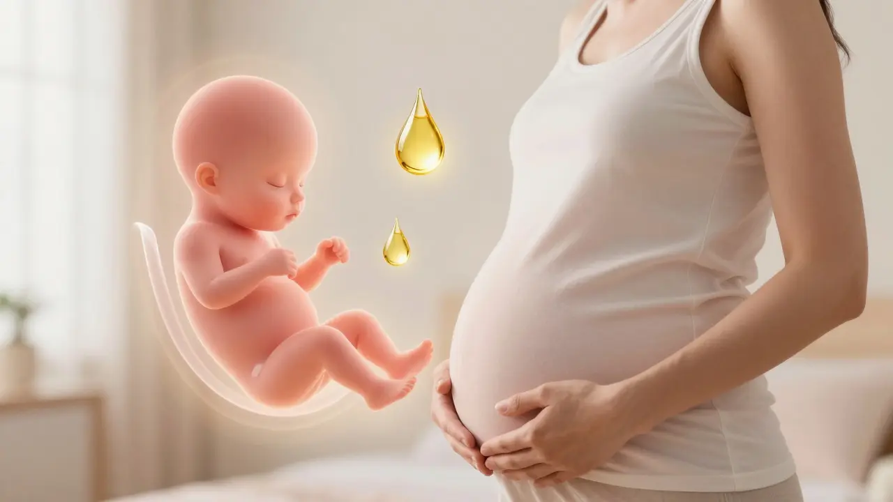 Schwangere Frau mit stilisierter Darstellung von Fötus und Hanföl-Tropfen als Warnsymbol