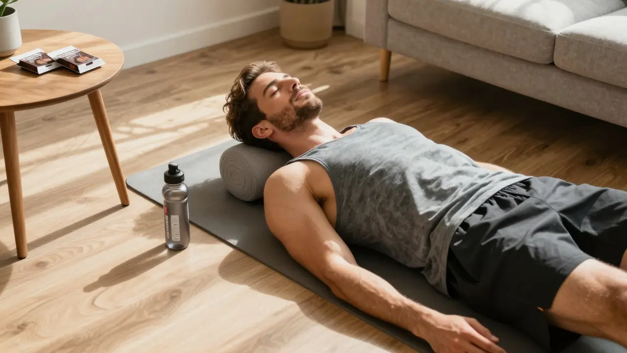 Sportler ruht sich nach dem Training mit CBD-Schokolade aus